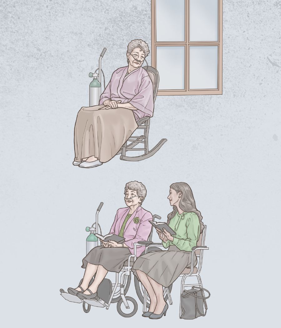 A sister, on oxygen, sits alone, but later attends a meeting with a younger sister