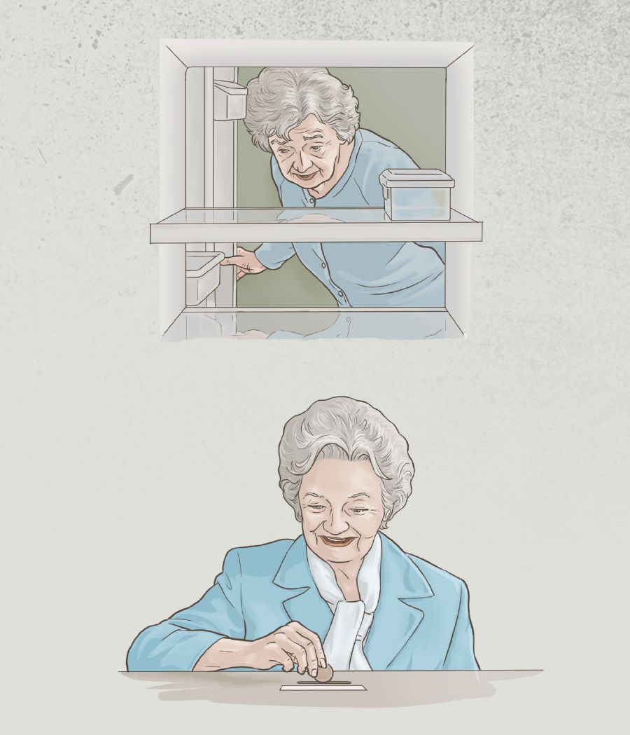 An elderly sister looks into her bare refrigerator, but later makes a donation to the Kingdom work