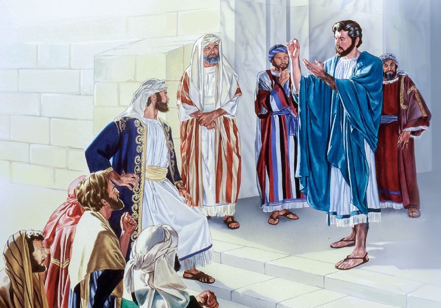 Jesus holds up a tax coin and replies to the Pharisees’ cunning questions