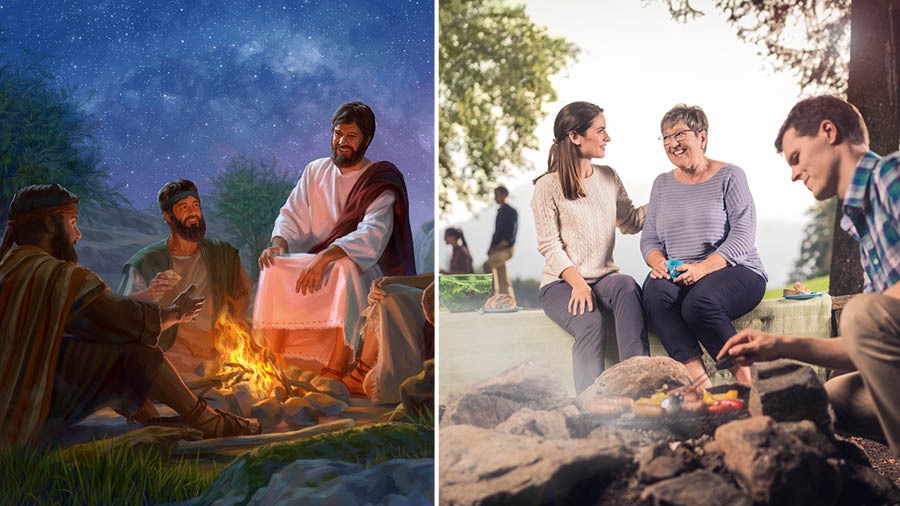 Jesus talks with his disciples around a fire; two sisters enjoy association around a fire as a brother cooks food