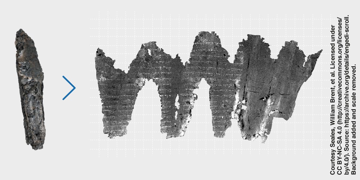 The charred Ein Gedi fragment; the virtually unrolled Ein Gedi fragment