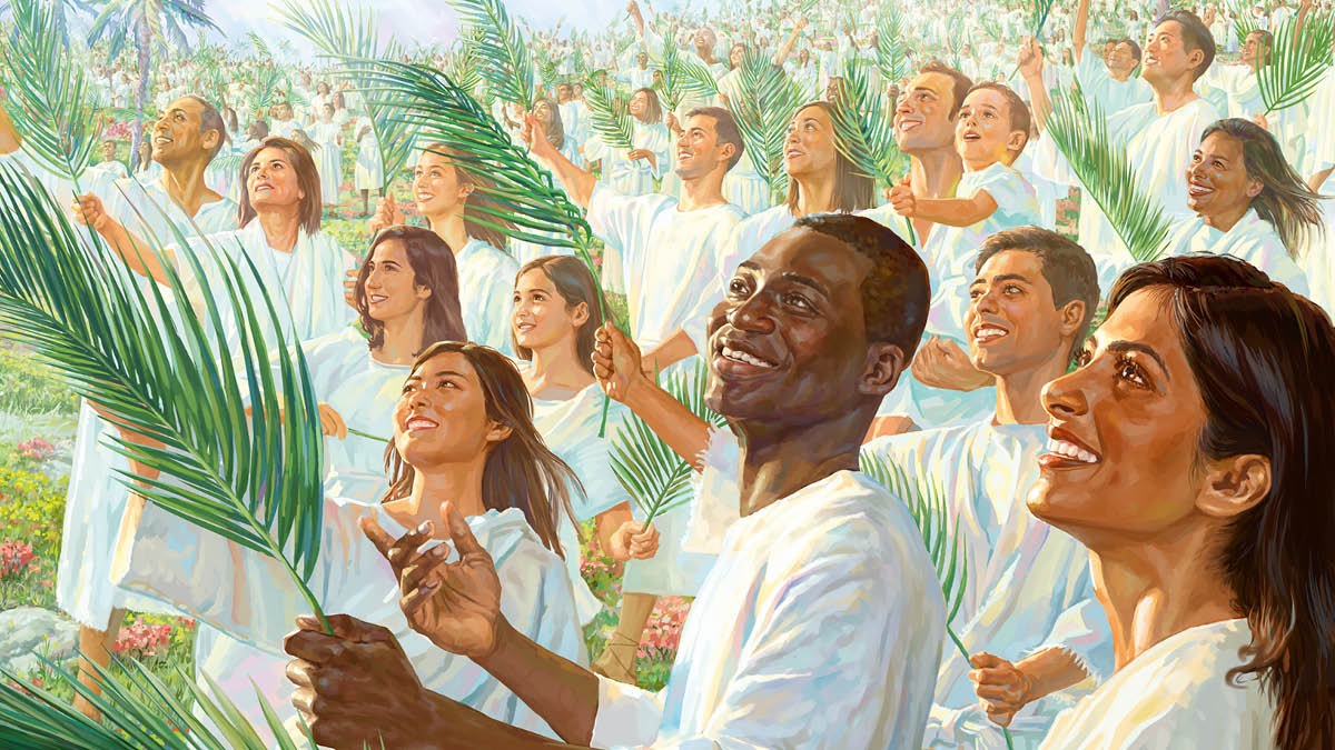 A great crowd dressed in white robes with palm branches in their hands