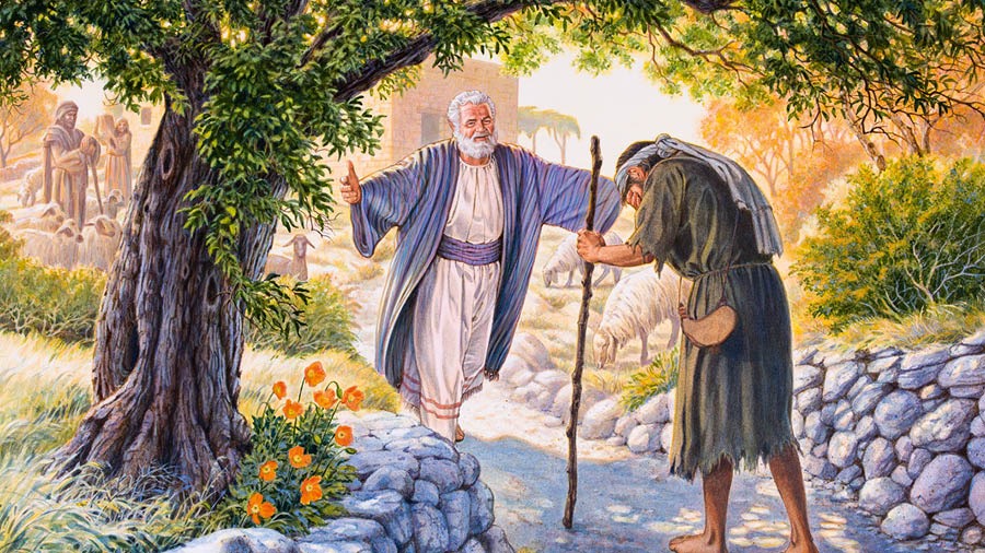 The lost son of Jesus’ parable standing with his head bowed while his father is running to welcome him back home with open arms.