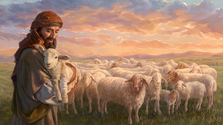 The shepherd carrying the lost lamb. The lamb’s wounded leg is bandaged, and the rest of the flock is by the shepherd’s side.