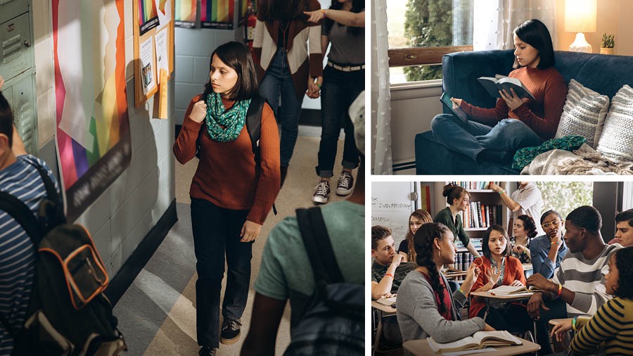 Collage: A young sister resisting the pressure of immoral conduct at school. 1. As she walks down a school hallway, she sees posters on the wall promoting homosexuality. 2. She is at home reading her Bible and using an electronic device to do research. 3. In a classroom, she refuses to accept from her classmate a colorful bracelet that shows support for homosexuality as several classmates look on with disapproval.