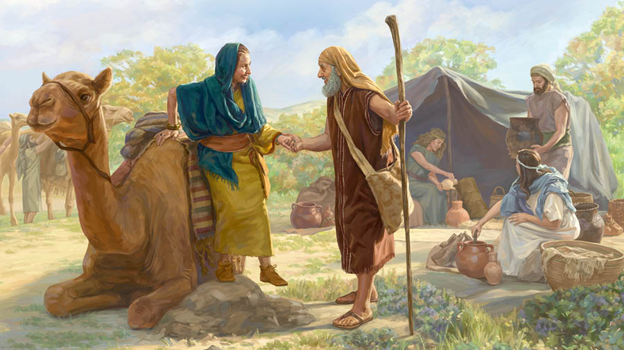 Abraham helping Sarah to dismount a camel. In the background, a few servants go about their daily activity.