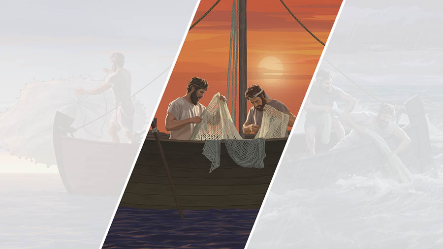 Two fishermen repairing their net at sunset.