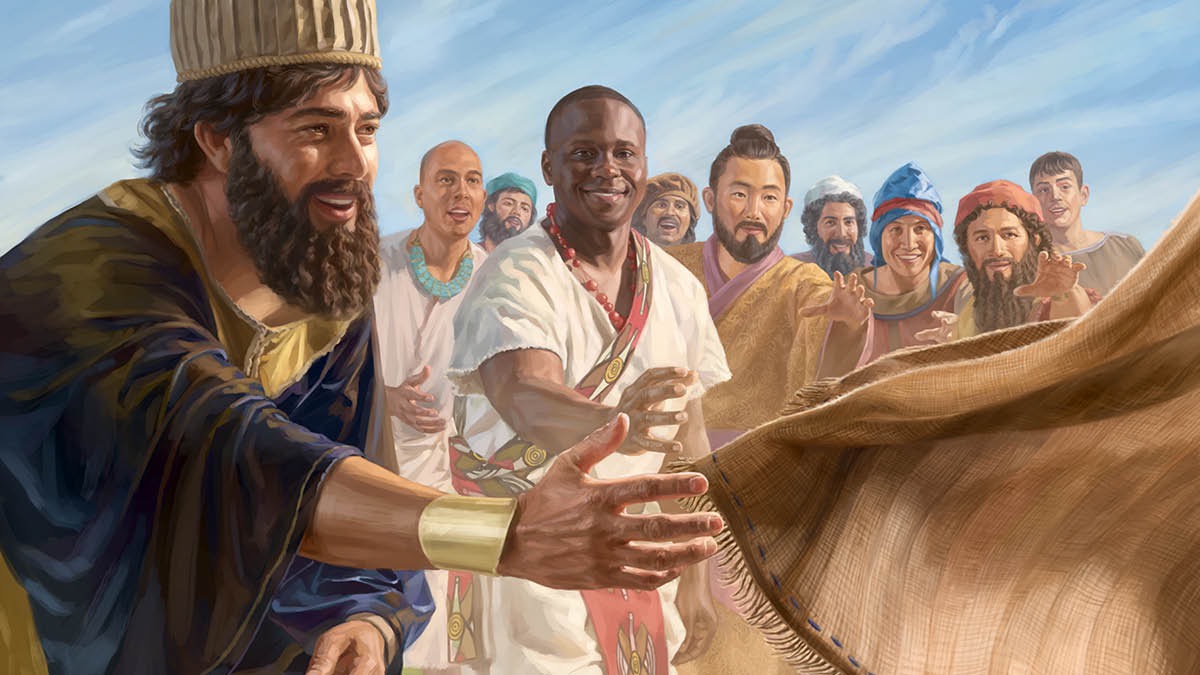 Ten men from different nations trying to take hold of a Jewish man’s robe.