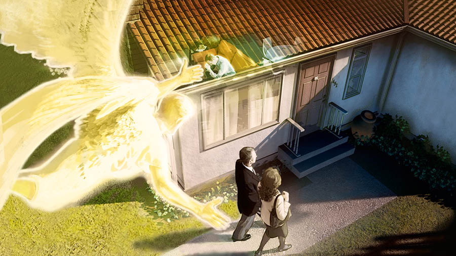 An angel guiding a couple to a house in the field ministry. A man inside the house is praying.