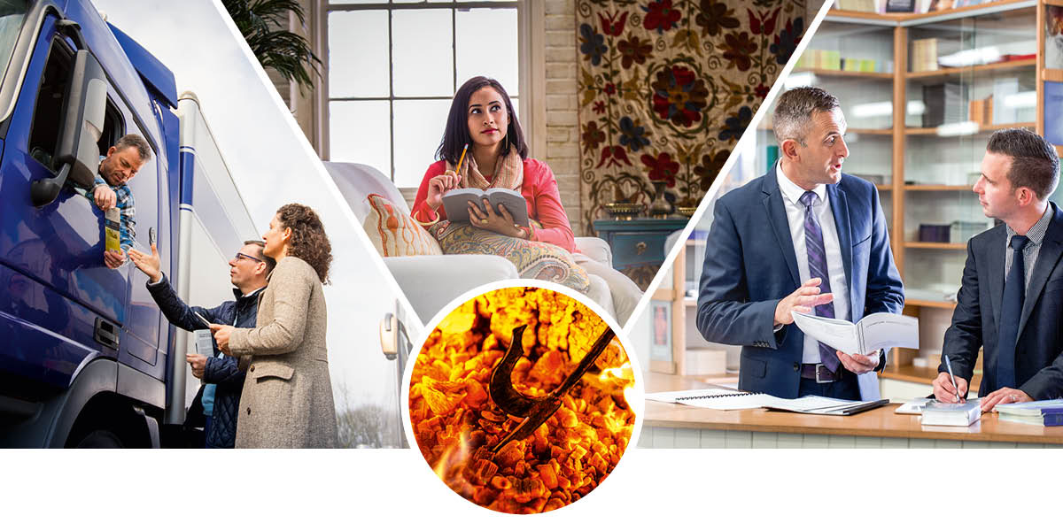 Glowing coals being stirred with a fire iron. Collage: Christians putting their hearts into their assignments. 1. A couple witness to a man in a truck. 2. A sister meditates on what she read in the Bible. 3. An elder trains a young brother at the literature counter in a Kingdom Hall.