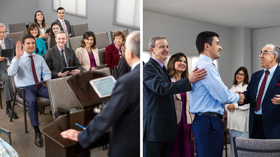 Collage: 1. The student gives a comment during the ‘Watchtower’ Study. 2. The ‘Watchtower’ Study conductor commends the student after the meeting.