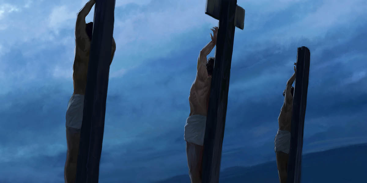 Jesus hanging on a torture stake between two criminals under a dark sky.