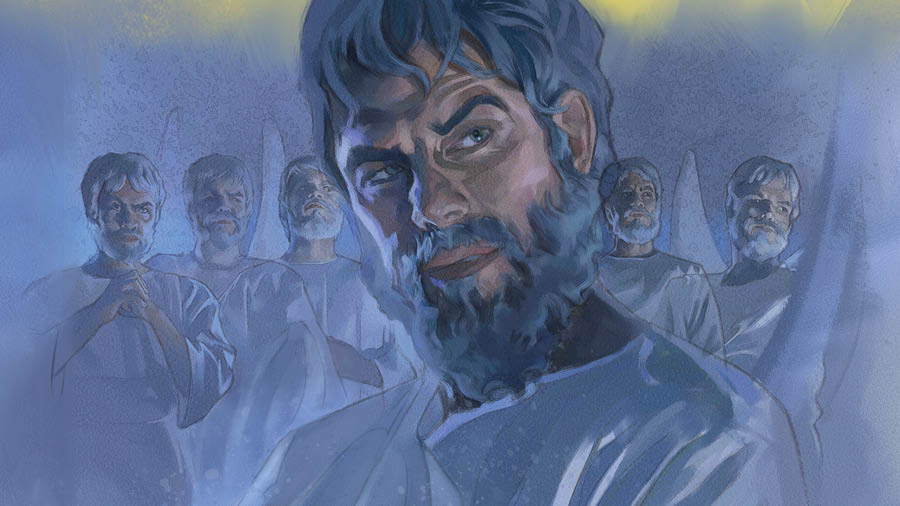 Satan surrounded by wicked angels in heaven.