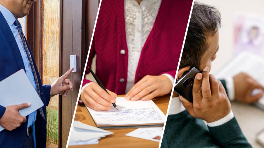 Collage: Brothers and sisters participate in the preaching work. 1. A brother goes from door to door. 2. A sister writes a letter. 3. A brother witnesses by telephone.