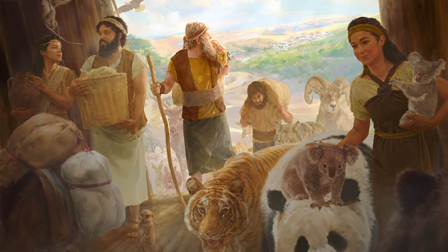 Noah and his family entering the ark with a variety of animals and food supplies.