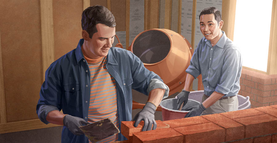 The elder helping the brother rebuild his damaged home.