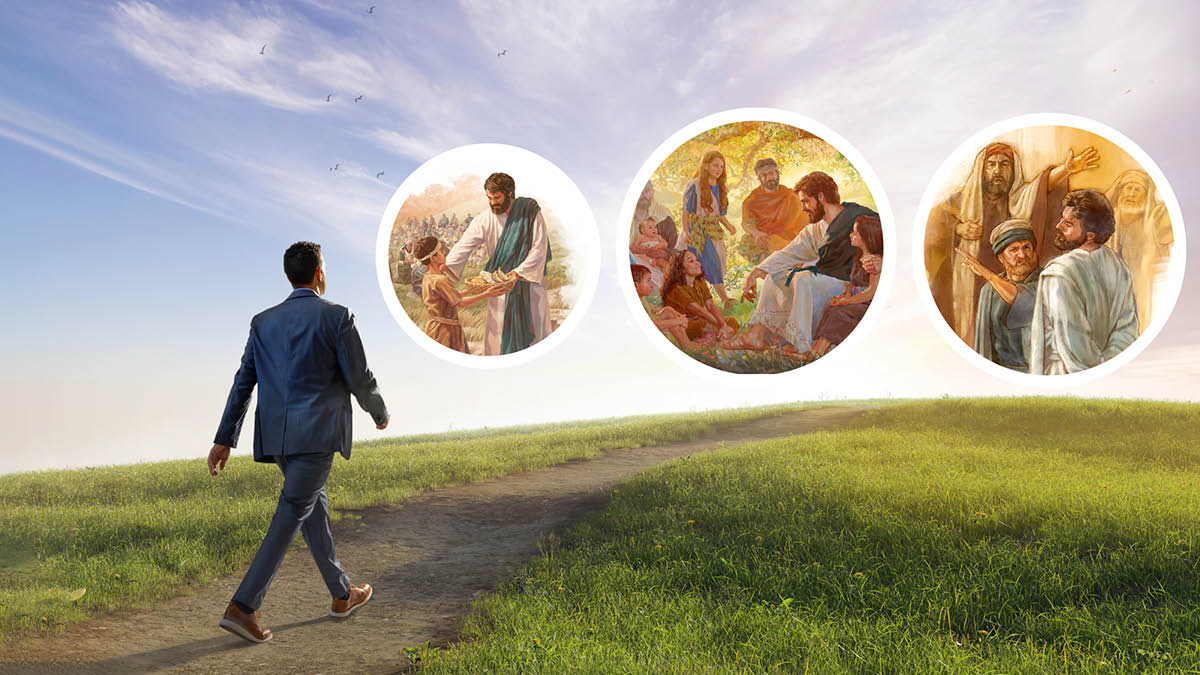  The Bible student from the preceding article, now a baptized brother and wearing new clothes, walking along a path. Collage: Examples of Jesus displaying the fruitage of the spirit. 1. To feed a crowd, Jesus takes some loaves of bread and small fish offered by a young boy. 2. Jesus sits and converses with young children. 3. Jesus mildly endures being slapped on the face during his illegal trial.