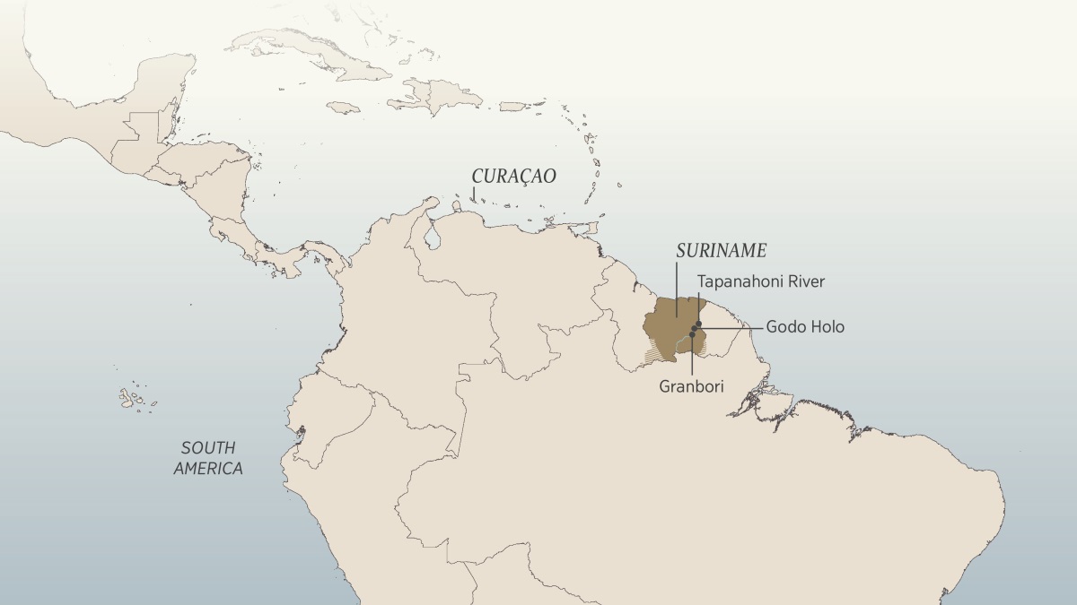 A map of South America and the Caribbean, showing some of the places where Daniel van Marl lived and traveled: Curaçao, Suriname, the Tapanahoni River, Godo Holo, and the village of Granbori.