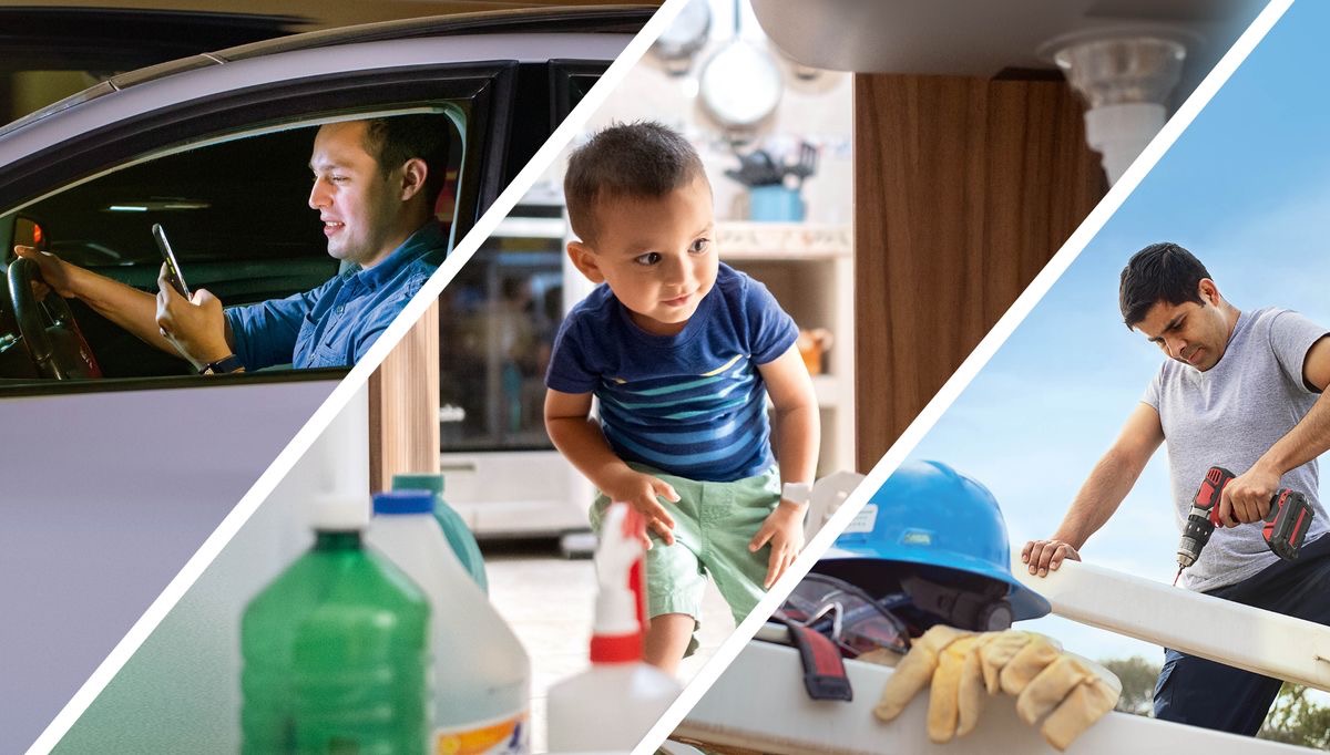 Collage: 1. A brother texts while driving. 2. A toddler looks inside a kitchen cabinet where cleaning chemicals are kept. 3. A brother using a drill on a construction site without wearing any personal protective equipment.