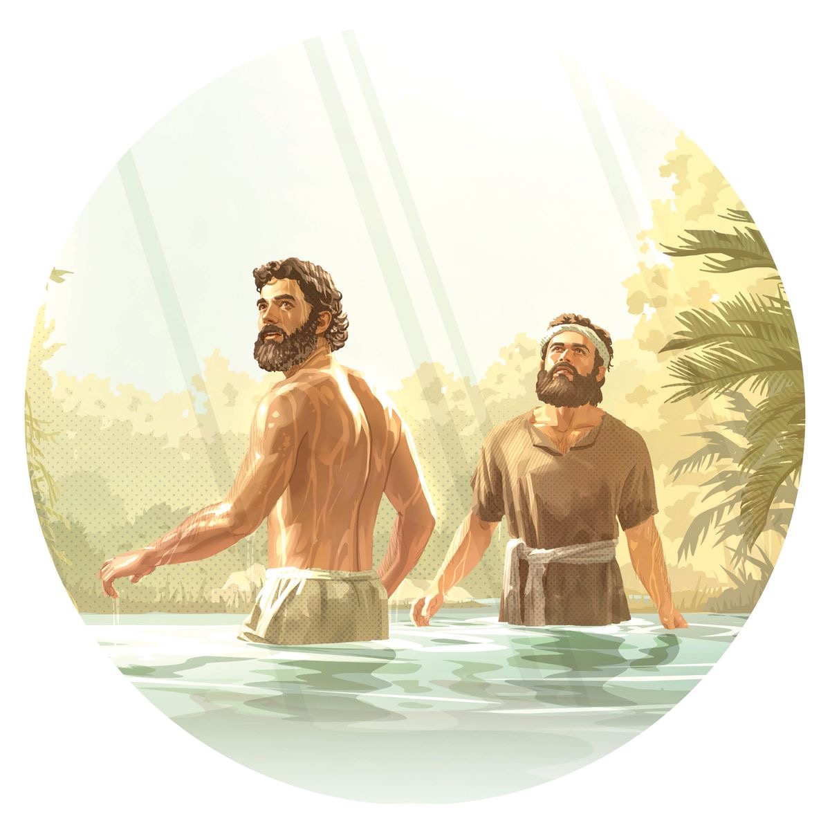 Jesus and John the Baptist standing in water and listening to a voice from heaven after Jesus’ baptism.