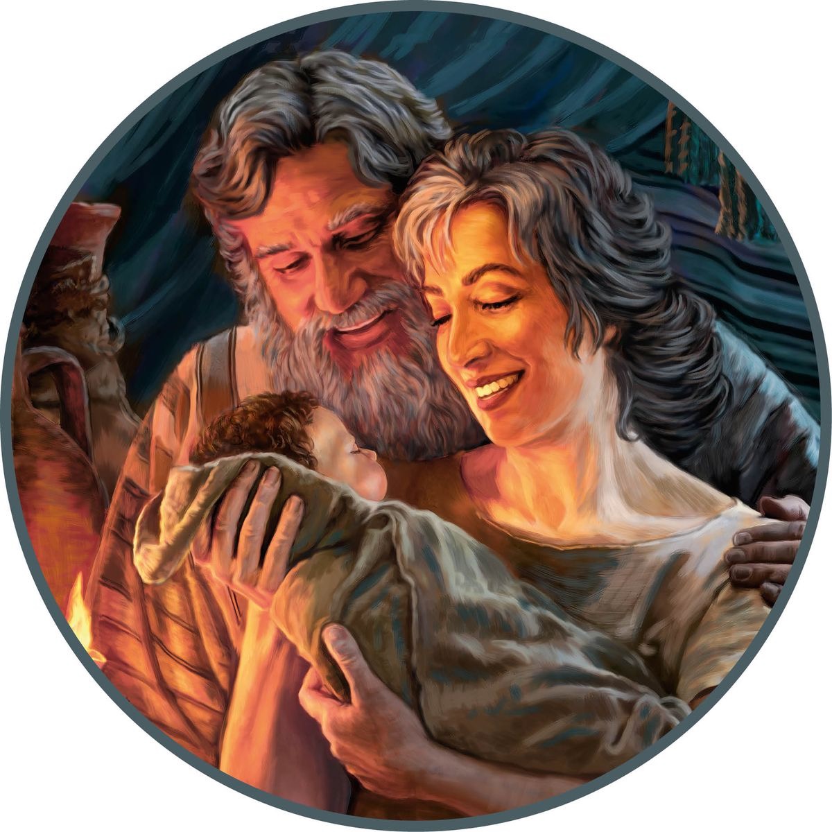 Abraham and Sarah holding their newborn son, Isaac.