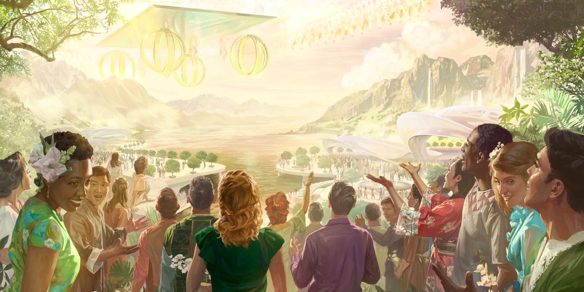 Angels in heaven and humans in Paradise joyfully worshipping Jehovah and directing their praise toward his celestial chariot.