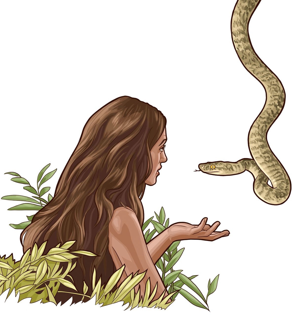 A serpent speaking to Eve.