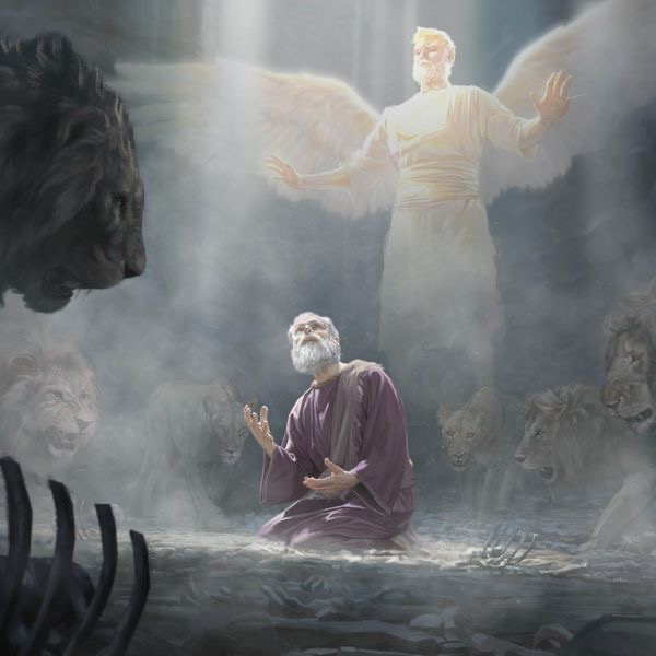 The prophet Daniel looking up to heaven while being surrounded by lions in a pit. An angel hovering above is protecting him.