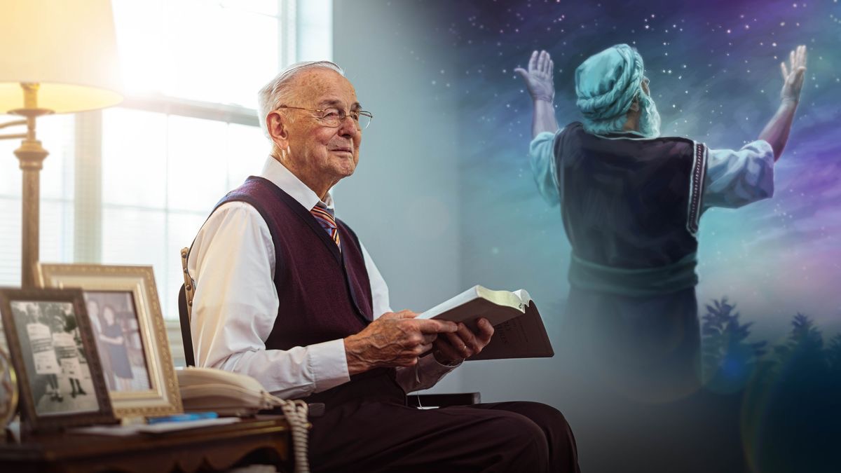 An elderly brother meditating on the Bible account of Abraham looking at a starlit sky.
