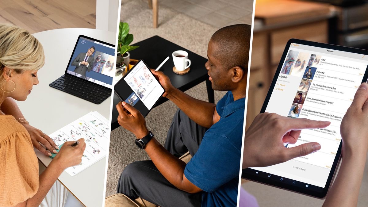 Collage: 1. A sister writes a note to place in her Bible. 2. A brother highlights and makes notes in an article he is studying on his tablet. 3. A sister highlights and makes notes in her Bible, using the “JW Library” app.