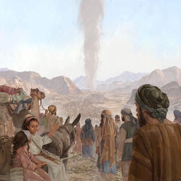 A large group of Israelite men, women, and children following the pillar of cloud in the wilderness.