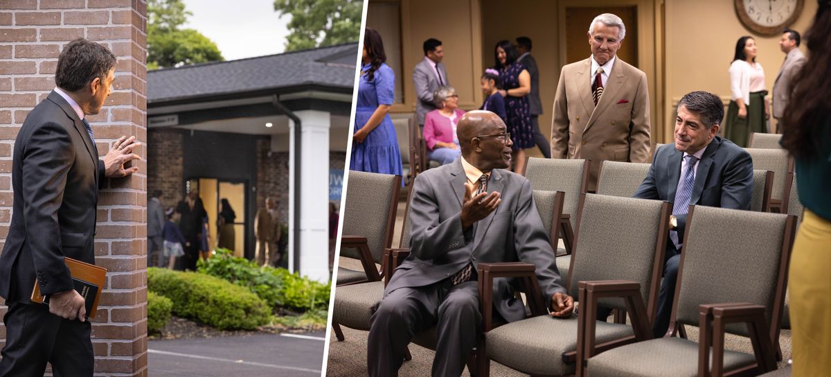 Collage: 1. An inactive brother holding an old songbook and Bible hesitates to approach the Kingdom Hall. He watches from afar as brothers and sisters arrive for the Memorial. 2. Later, the inactive brother happily converses with another brother inside the Kingdom Hall.