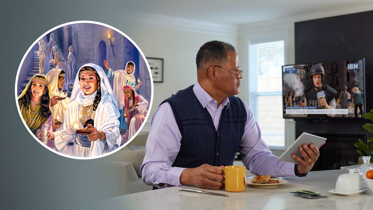 A brother watching a news report and comparing the report with what he has read in the Bible. Inset shows Jesus’ parable of the ten virgins.