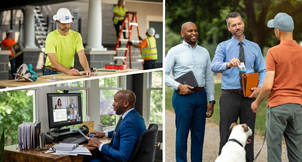 Collage: 1. A brother works on a theocratic construction project. 2. Another brother works from home as a remote volunteer for Bethel. 3. Later, the two brothers work together in the field ministry.