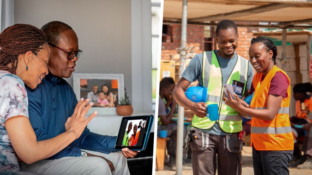 A couple joyfully speaking with their daughter and her husband on a video call. The daughter and her husband are wearing high-visibility construction vests.