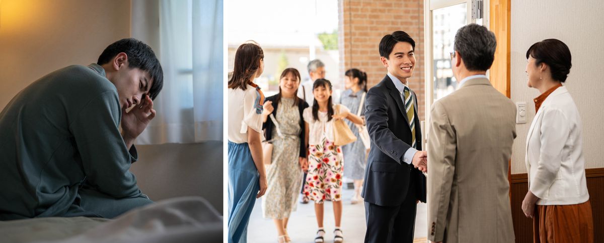 Collage: 1. A discouraged brother sits on a bed. 2. Later, he smiles as he is greeted by a couple at a congregation meeting.
