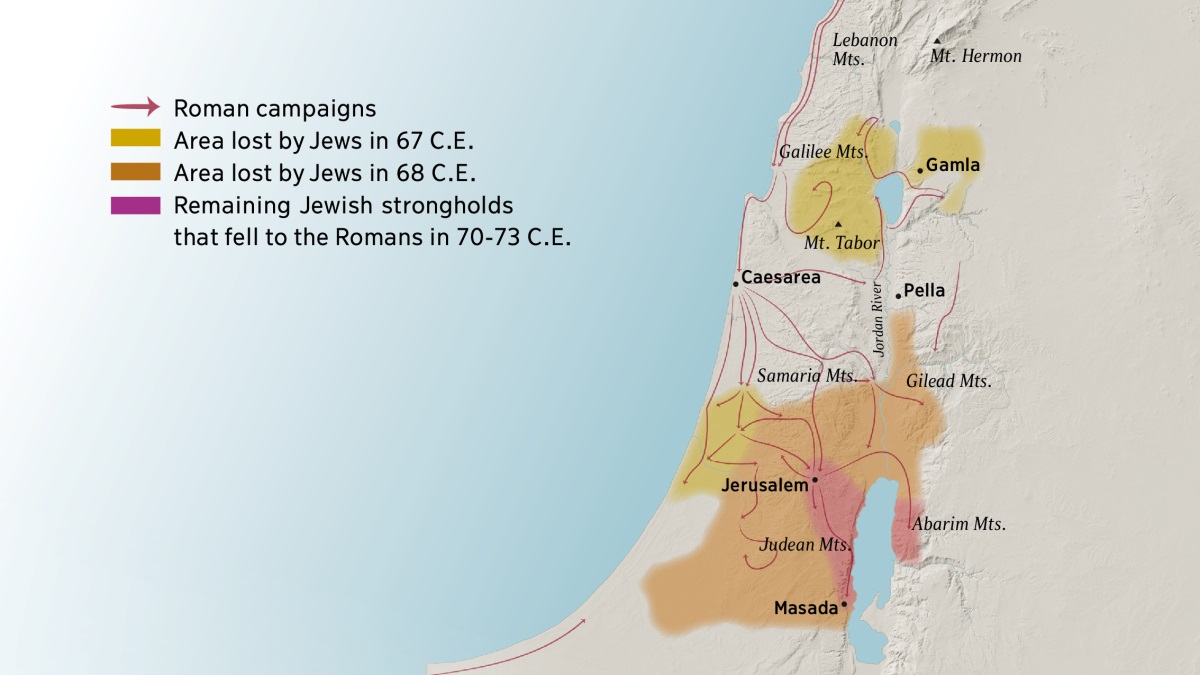 A map showing some of the mountains and cities of Israel during the first century. North of Jerusalem are the mountains of Lebanon, Galilee, Samaria, and Gilead, as well as Mount Hermon and Mount Tabor. The cities north of Jerusalem are Gamla, Caesarea, and Pella. South of Jerusalem are the mountains of Judea and Abarim, as well as the city of Masada. The map also depicts the routes of the Roman campaigns and the areas lost by the Jews from 67 C.E. to 73 C.E.