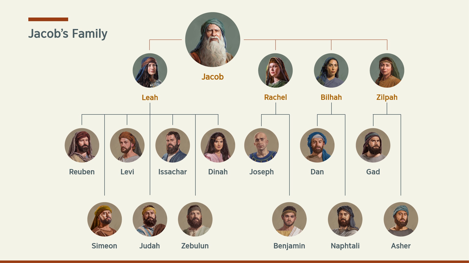 A chart showing Jacob’s family tree. He has two wives, Leah and Rachel, as well as two concubines, Bilhah and Zilpah. His children through Leah are Reuben, Simeon, Levi, Judah, Issachar, Zebulun, and Dinah. His children through Rachel are Joseph and Benjamin. His children through Bilhah are Dan and Naphtali. His children through Zilpah are Gad and Asher.
