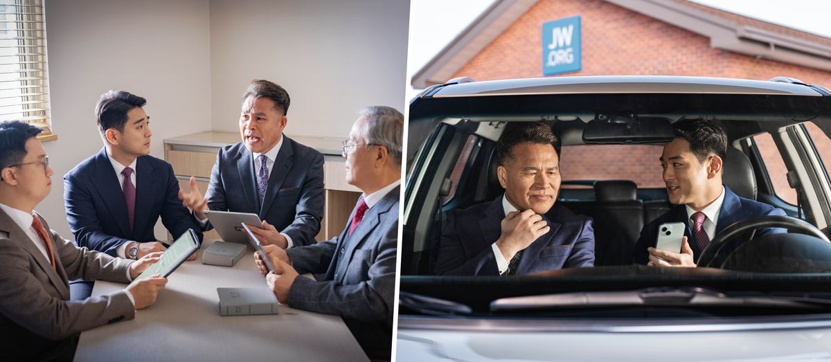 Collage: 1. Four elders meet together. One of the elders is speaking harshly. 2. Later, in a car, a younger elder who was present at the meeting speaks privately with the brother who spoke harshly.