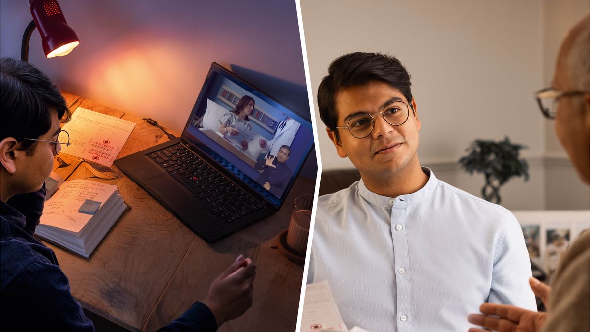 Collage: 1. A brother uses the Bible, lesson 39 of the “Enjoy Life Forever!” book, and the video “How to Make Health-Care Decisions Regarding Blood” to help him fill out his durable power of attorney. 2. Later, he listens to a mature brother who is discussing a scripture with him.