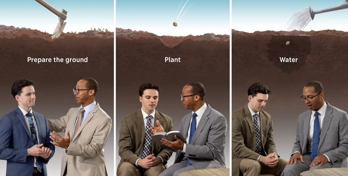Scenes comparing an elder giving counsel to a brother with a farmer planting a seed in hardened soil. 1. Prepare the ground: The farmer tills the soil; the elder speaks warmly to the brother. 2. Plant: The farmer places a seed in the tilled soil; the elder uses the Bible to reason with the brother. 3. Water: The farmer waters the planted seed; the elder prays with the brother.