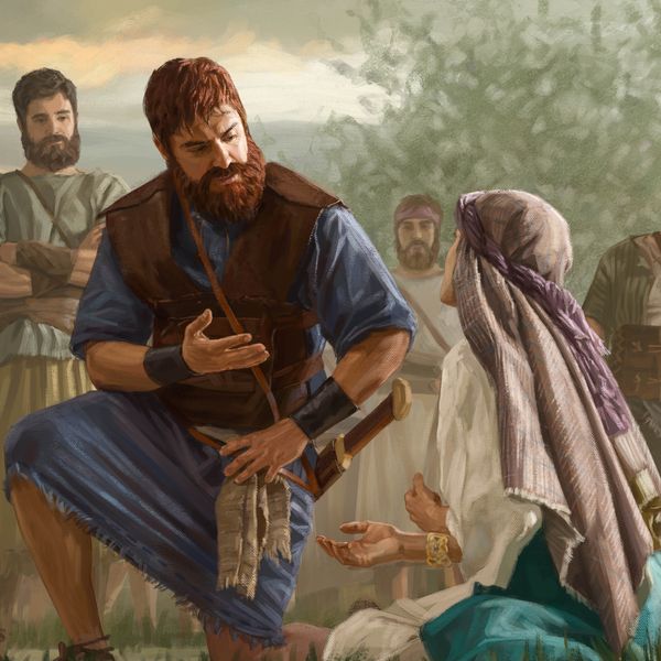 King David listening attentively to Abigail, who is sitting on the ground pleading with him. David’s men observe nearby.
