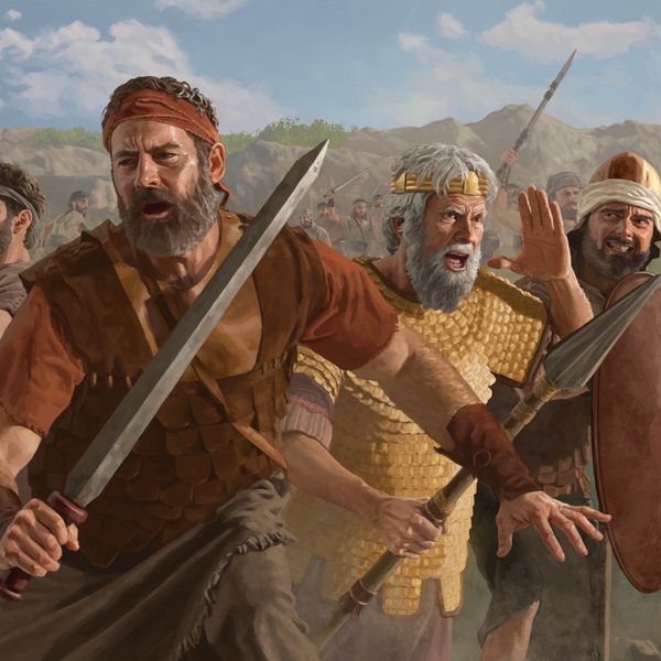 Jonathan, Saul, and Israelite soldiers fighting with their swords, spears, and shields on a battlefield.