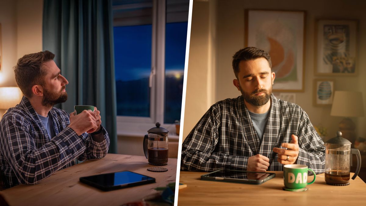 Collage: 1. Before sunrise, a brother meditates while he sits at his desk with an open Bible and a cup of coffee. 2. After sunrise, he remains seated at his desk and lingers in prayer.