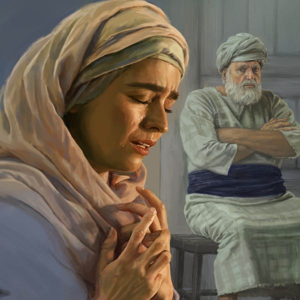 Collage: 1. Hannah mournfully looks away while Elkanah plays with two of his children. 2. Peninnah smiles as she cradles her newborn baby. 3. Hannah cries while she prays intensely. 4. High Priest Eli sits with his arms crossed and glares at Hannah.
