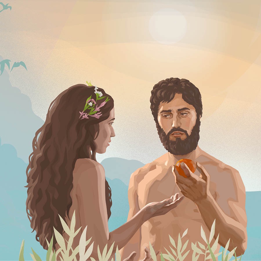 Adam holding the forbidden fruit that Eve has offered him.