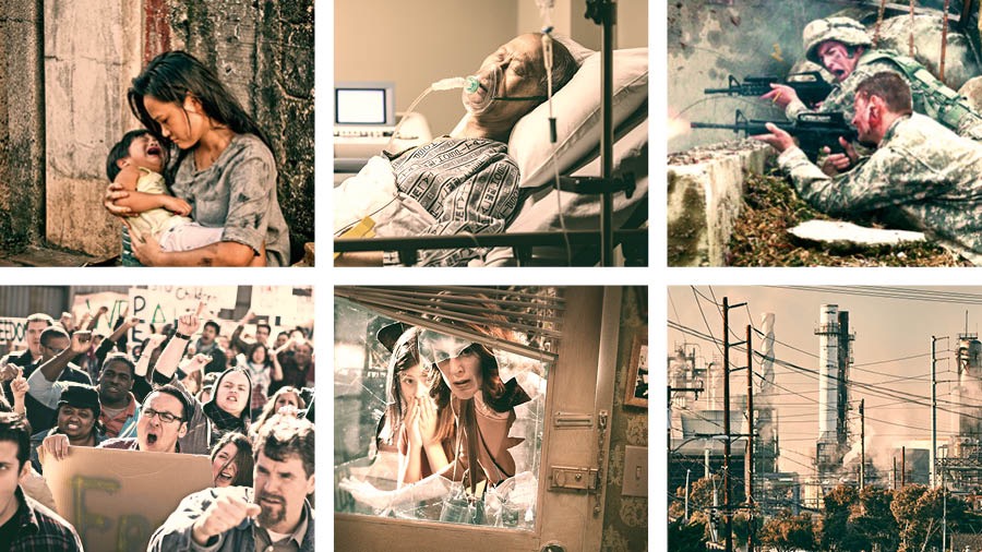 Collage: The results of human government. 1. An Asian woman sitting on a dirty street while holding her crying child. 2. A sick older man in a hospital bed. 3. Soldiers firing their weapons in a battlefield. 4. Angry protesters shouting and holding banners. 5. A woman and her daughter standing outside their home, finding the glass on their front door broken. 6. A smoggy city with smokestacks and power cables.