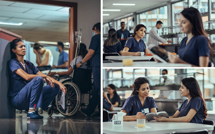 Collage: 1. A hospital nurse sits on a hospital floor, exhausted and overwhelmed. 2. She takes a break in the cafeteria and notices her workmate happily reading a magazine. 3. The workmate reads a Bible verse to her and gives her a jw.org contact card.