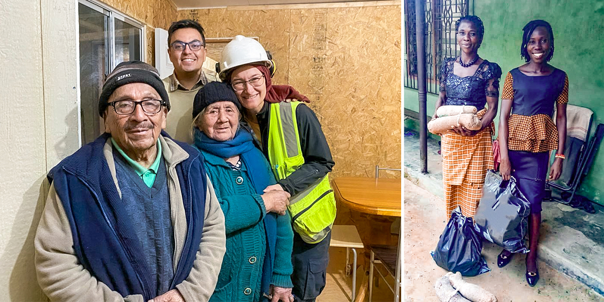 Na gauche: Avolontaire so a-aidé ti leke da ti mbeni couple na peko ti so wâ agbi ndo na Chili. Na droite: Aita-wali use na Nigéria awara aye ti tengo na peko ti so ngu asuku amû ndo ti ala.