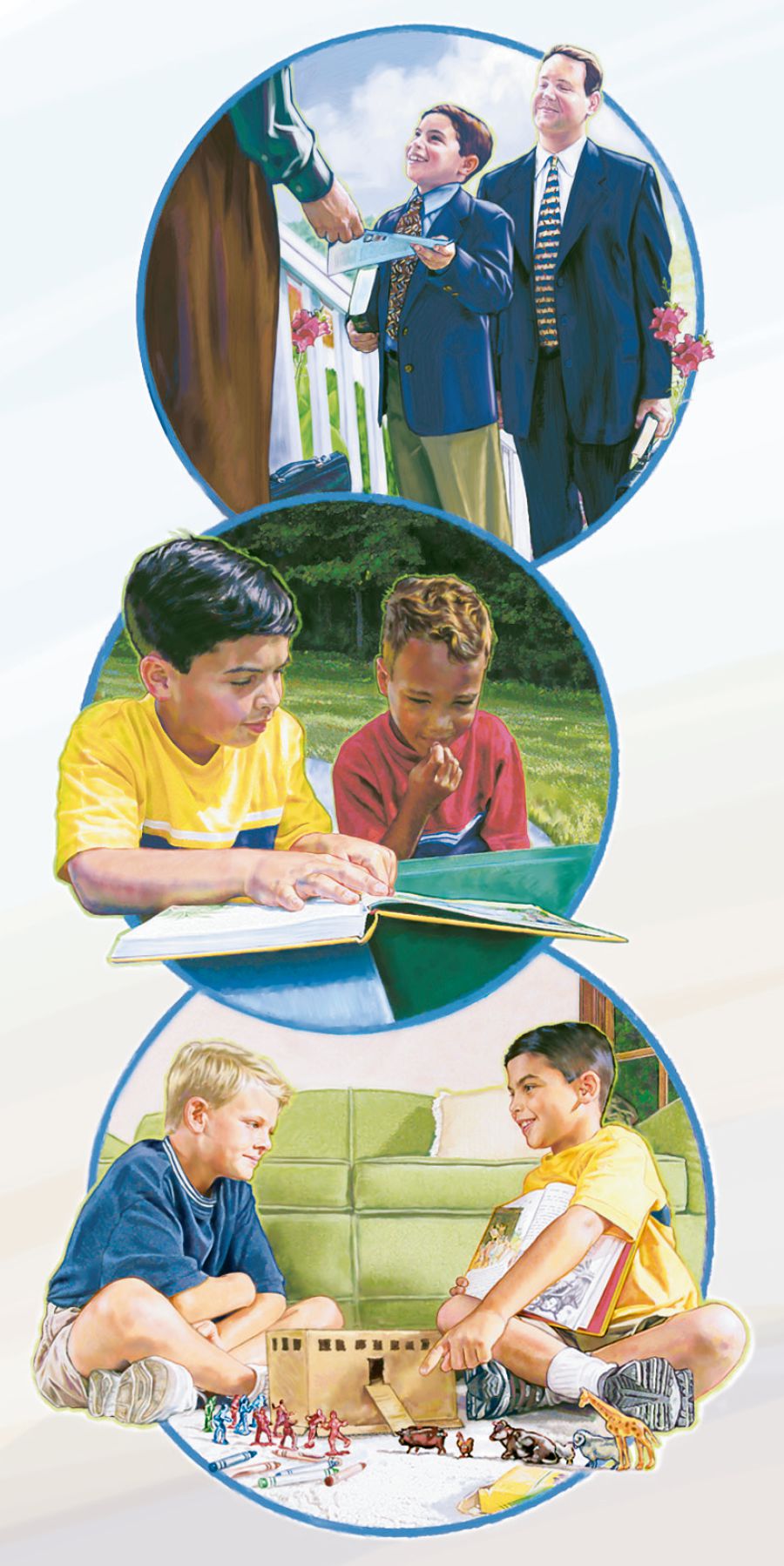 A boy preaches to a man, shows a boy My Book of Bible Stories, and builds a miniature ark with another boy